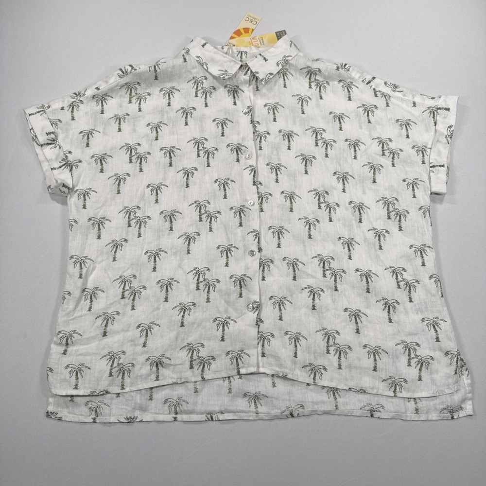 C&C California Women's 100% Linen Palm Tree Button-Up Collared Blouse XL NWT